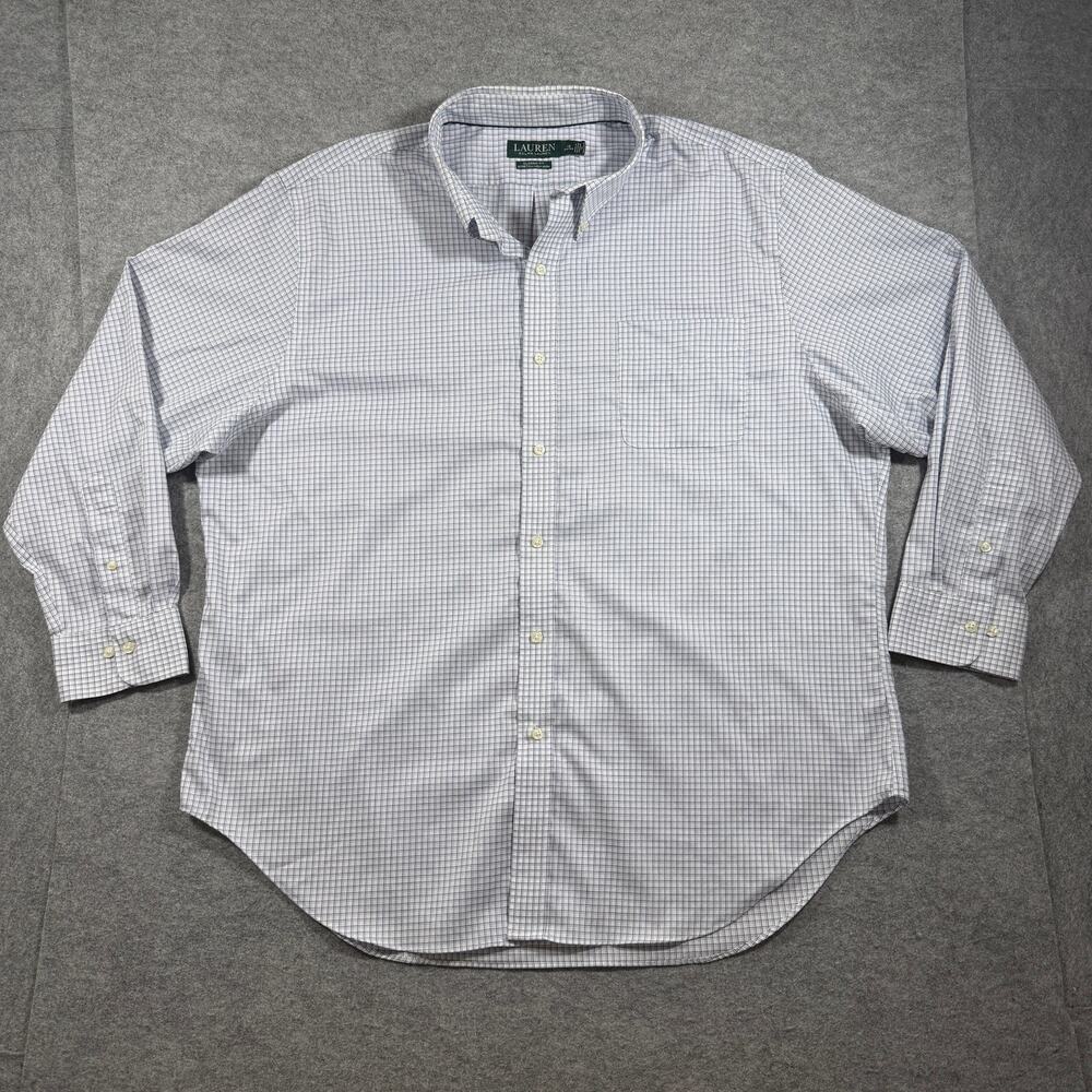 Lauren Ralph Lauren Shirt Mens 18 34/35 White Blue Check Classic Fit Non Iron